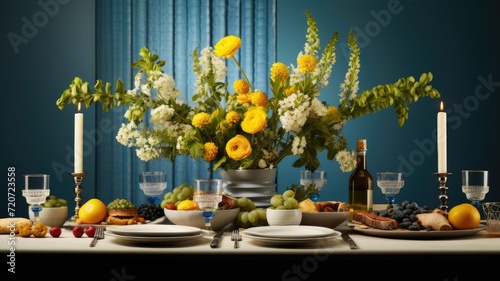 Photo the Passover Pesah celebration by arranging a scene with the menorah, matzo, spring flowers, and symbolic accessories in a harmonious composition
