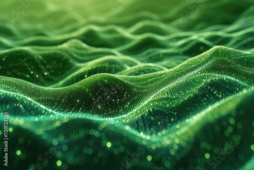 Artistic conceptualization of a geographical landscape made of green particles.