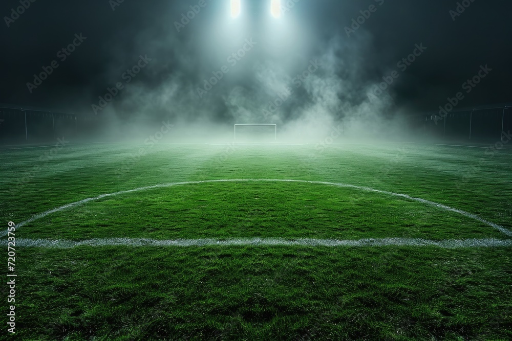 Misty soccer field with bright lights under a night sky.