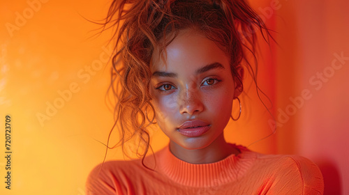 A portrait of a teenagergirl in studio photography with a phone, the background is painted in orange tone photo
