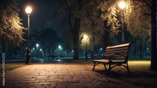 Lonely street lamp illuminating an empty bench in a deserted park at night, 4k, melancholic mood. generative AI