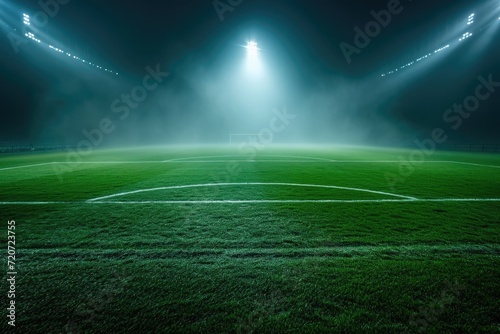 Eerie football pitch enveloped in fog with overhead illumination. © Konstiantyn Zapylaie