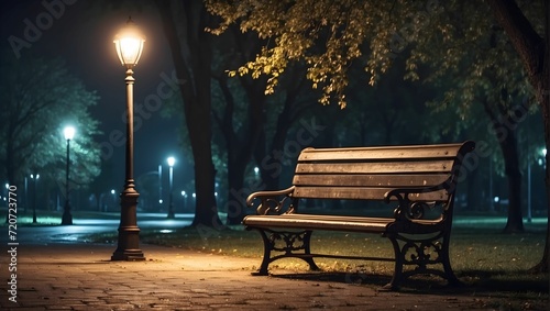 Lonely street lamp illuminating an empty bench in a deserted park at night, 4k, melancholic mood. generative AI photo