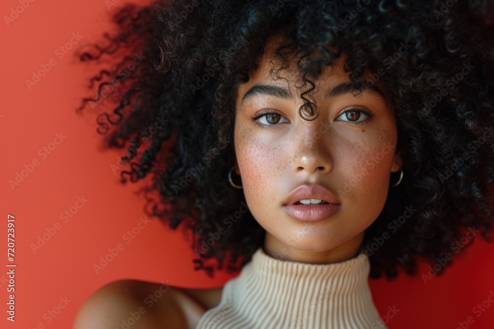 Sophisticated allure: An elegant lady in a beige top and subtle earring radiates confidence amidst her curly black hair and a vibrant red setting. Sophisticated allure: An elegant lady in a beige top and subtle earring radiates confidence amidst her curly black hair and a vibrant red setting.