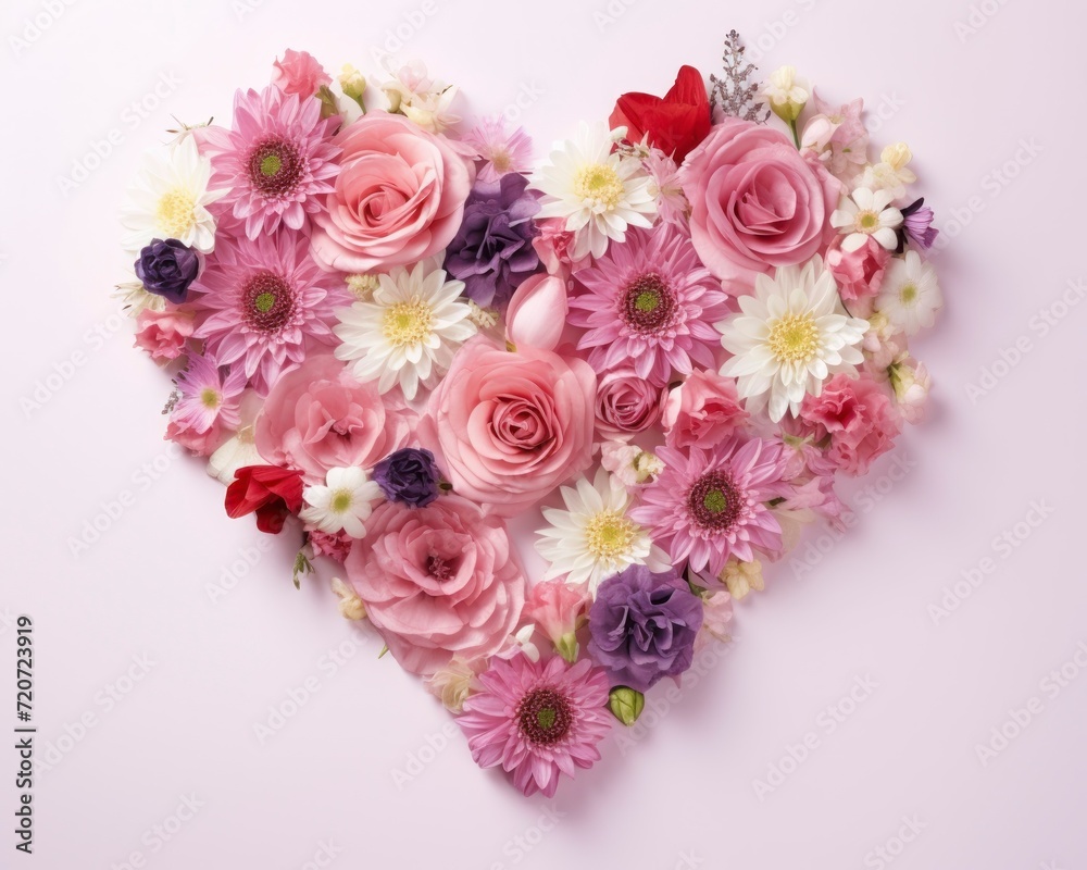 Heart shape made of colorful flowers on white background, top view. Heart shape made of colorful flowers on white background, top view.