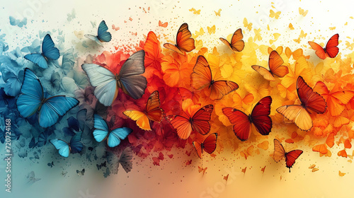 Graphic representation with bright butterflies and living insects soaring around a variety of color photo