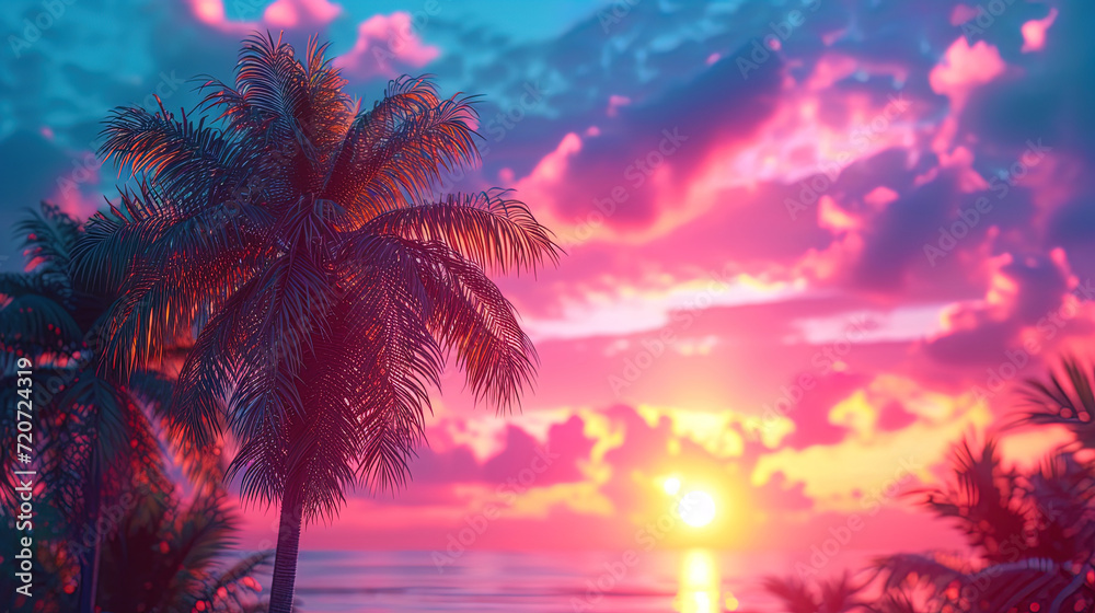 Image of palm trees against the background of sea sunset in shades of beautiful color