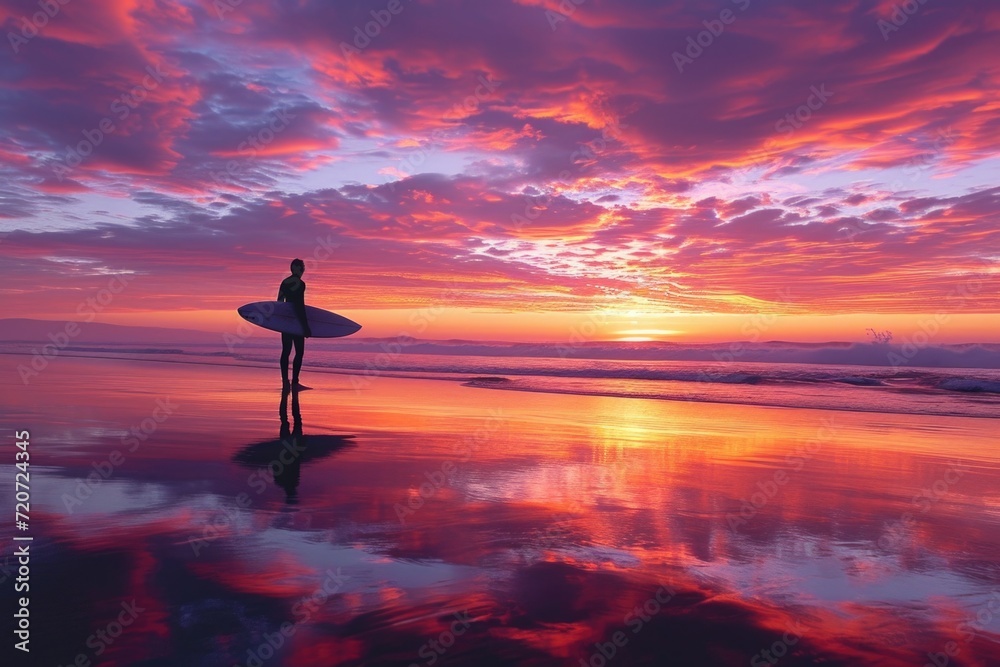 Beachside serenity: A serene moment at the beach as a surfer takes in the sunset and the anticipation of the waves.