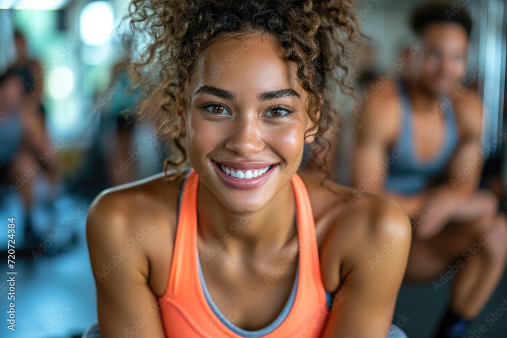 Joyful gym session: A woman in a coral tank top beams with joy while taking a break in a bustling gym.