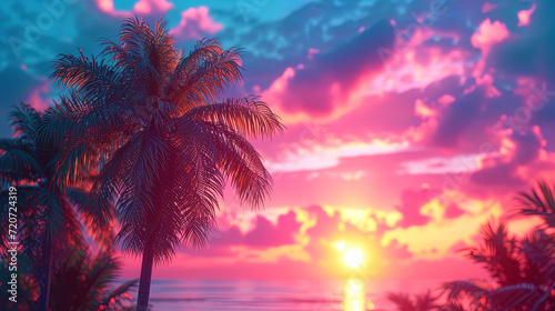 Image of palm trees against the background of sea sunset in shades of beautiful color © JVLMediaUHD