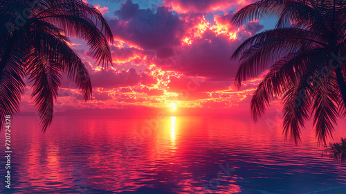 Image of palm trees against the background of sea sunset in shades of beautiful col
