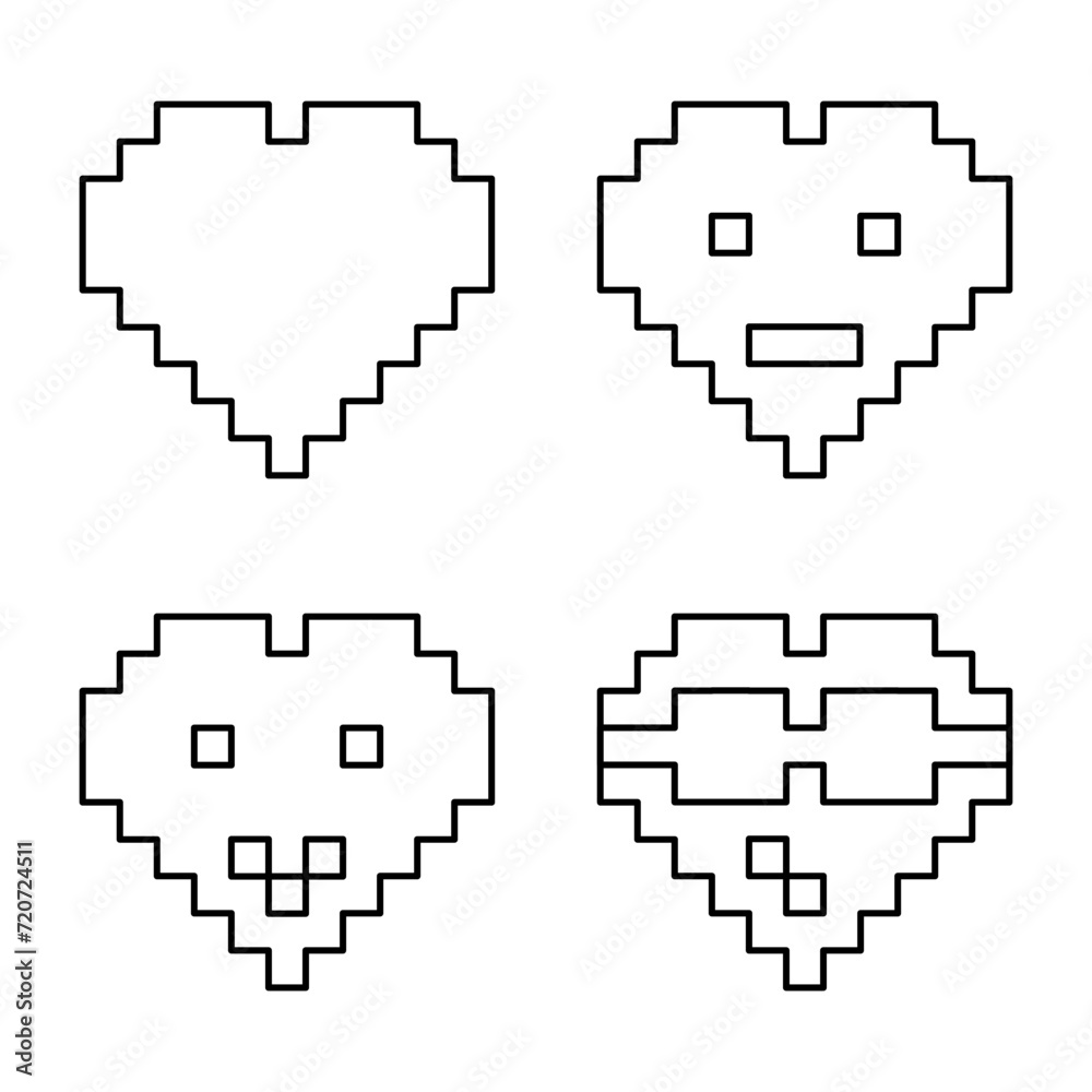 Set of different hearts emoticon or emoji in pixel art style, vector outline for coloring book Set of different hearts emoticon or emoji in pixel art style, vector outline for coloring book