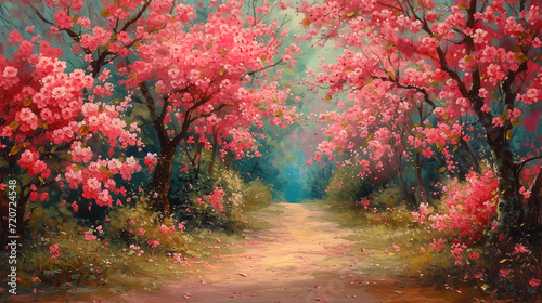 Painting with saturated colors, depicting spring flowers, blossoming on trees and bushe photo