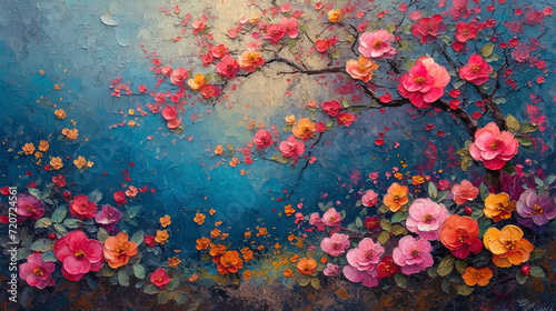 Painting with saturated colors  depicting spring flowers  blossoming on trees and bu
