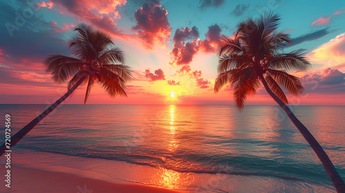 Palms by the sea against the background of sunset painted in picturesque color