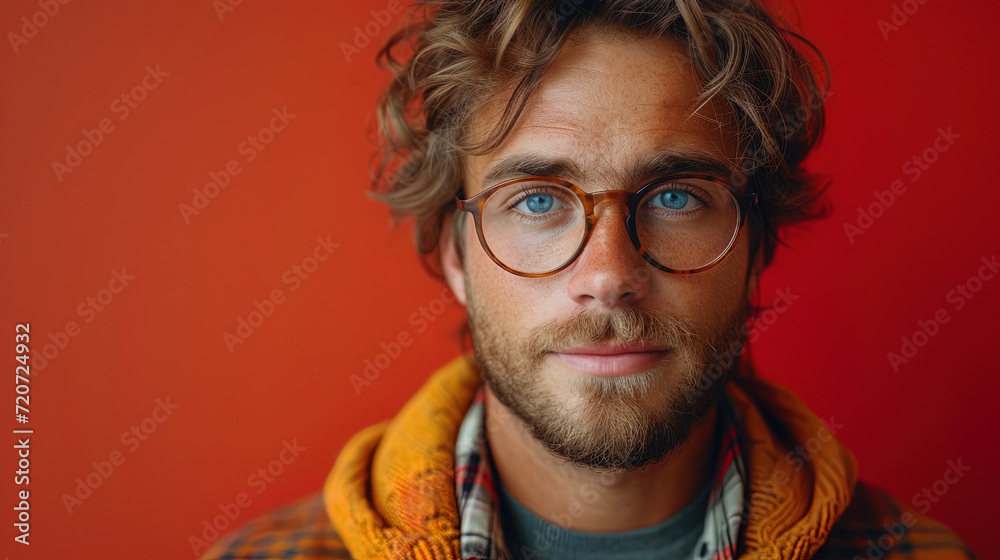 Portrait of a guy with a mobile phone on a red background in a studio phot Portrait of a guy with a mobile phone on a red background in a studio phot