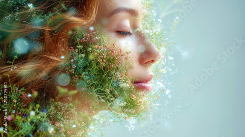 The graphic representation of the nose, inhaling smells of flowers, grass and other spring arom photo
