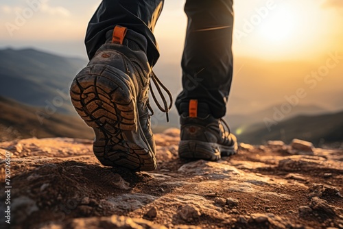 The well-worn boots of a hiker navigating a rocky mountain path, a testament to the healthy and active way of life enjoyed amidst nature's beauty