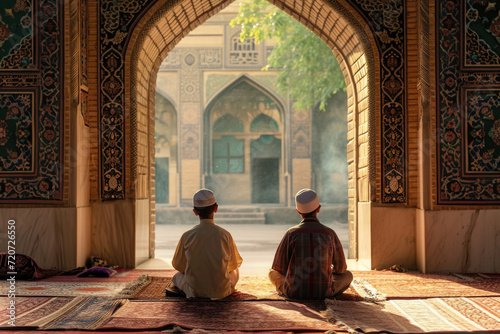 A spiritual moment between a father and son in prayer, dressed in traditional attire, with soft light from an ornate window.