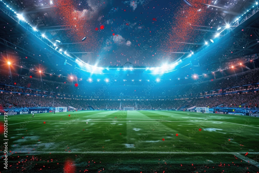 Stadium Spectacle: A vibrant view from within a modern stadium during a lively event, with bright lights, packed stands, and a vibrant atmosphere.