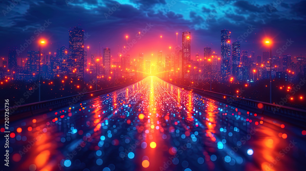 Naklejka premium Abstract composition of luminous lines on a night city backgroun