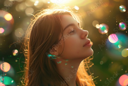 A young woman basks in sunlight as vibrant bubbles float around her, evoking a dreamy and enchanting atmosphere