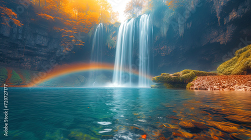 A landscape with a waterfall, water dust and rainbow, creating a colorful and impressive loo © JVLMediaUHD