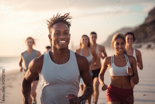 Diverse group of people jogging together at coastline beach of ocean, tropical climate summertime, healthy habit for adult, running club workout in morning, wear sportswear for sportsman. Sunset rays photo