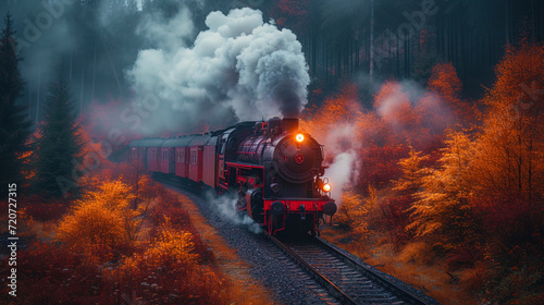 A photograph of an old steam locomotive against the background of an ascending steam, creating an atmosphere of an old rai photo