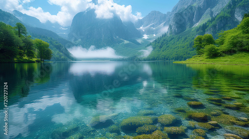 A photograph of a crystal pure lake with a reflection of the mountains in his calm wate