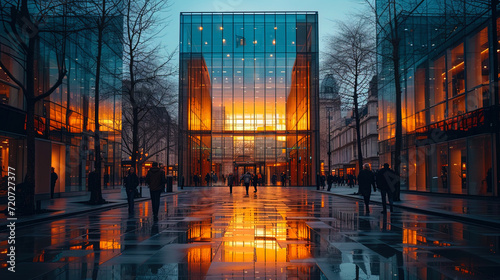 A photograph of a glass building reflecting the surrounding urban landscap