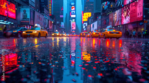 A photograph of the city in rainy weather  where reflection on wet streets create an atmosphere of myst