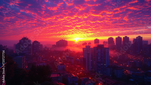 Photography of the sunset sky over the city  painted in orange and pink shad