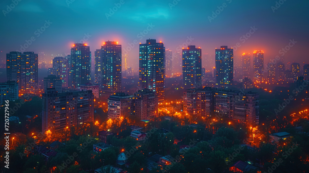 Obraz premium Photos of the night city, where the lights of buildings create an amazing panor