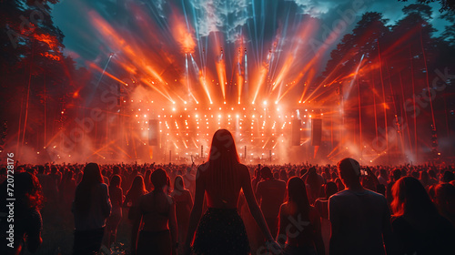 Photo of the music festival with bright lights of the stage and an enthusiastic c