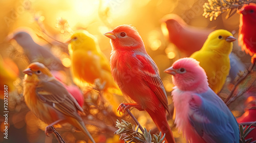 The collage of images of multi colored birds that create a beautiful composition in hea