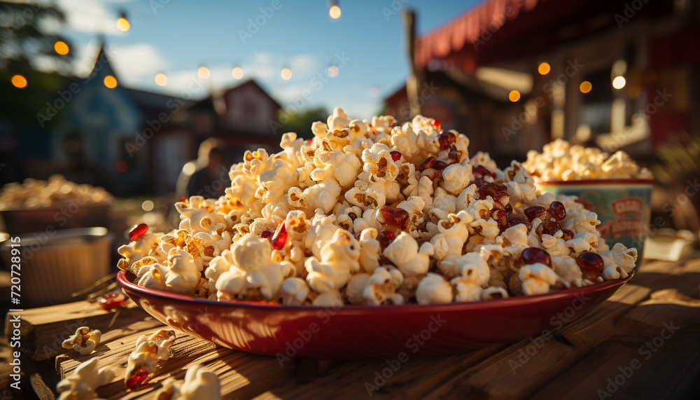 Fresh popcorn in a wooden bowl, perfect movie night snack generated by AI Fresh popcorn in a wooden bowl, perfect movie night snack generated by AI