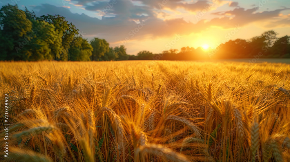 The landscape of the countryside, where the golden fields of wheat extend to the horizo