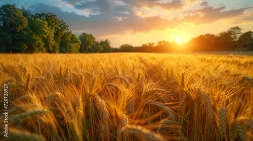 The landscape of the countryside, where the golden fields of wheat extend to the horizo