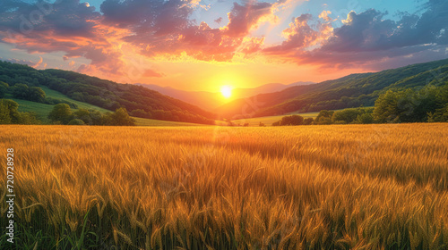 The landscape of the countryside  where the golden fields of wheat extend to the horiz