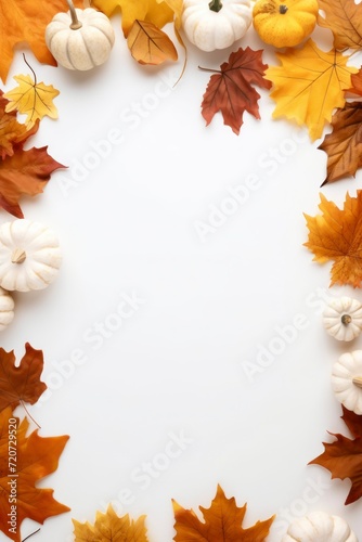 Autumn leaves and pumpkins on white wooden background with copy space