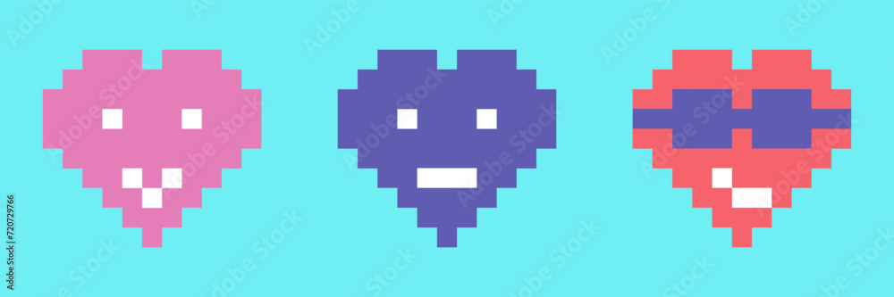 Fototapeta premium Set of colorful hearts emoticon or emoji in pixel art style, vector