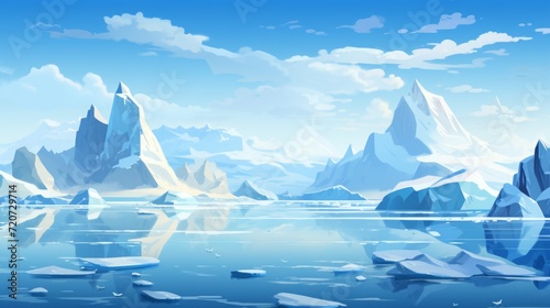 arctic landscape, cold winter panorama with ice and snow. blue and white color. simplified cartoon style. © MaskaRad