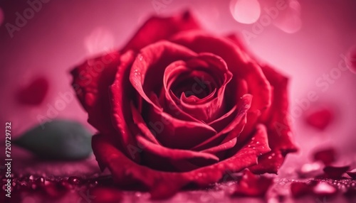 Red rose with dew drops on a pink background.