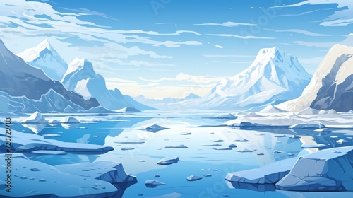 arctic landscape, cold winter panorama with ice and snow. blue and white color. simplified cartoon style.