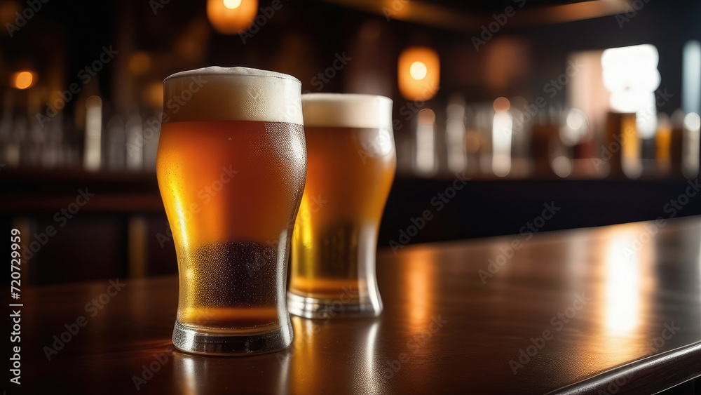 Beer glass on the bar counter. blurred moody dark background, selective focus Beer glass on the bar counter. blurred moody dark background, selective focus