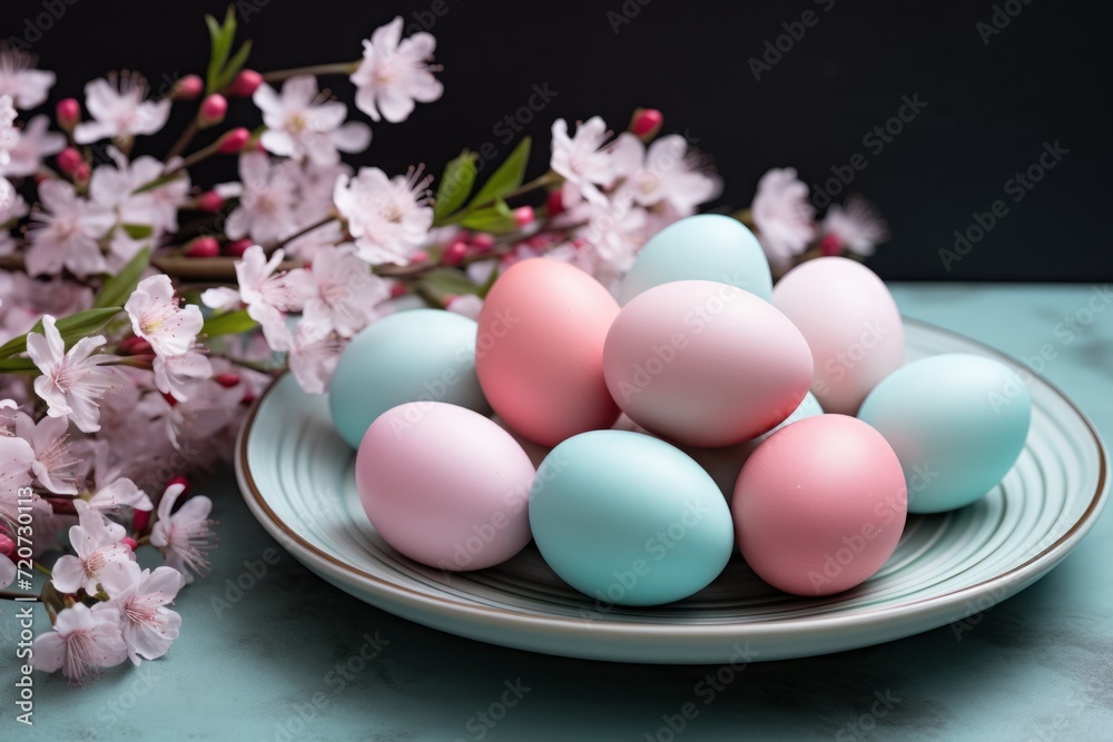 easter plate with colored pastel eggs, delicate shading. festive spring tradition.