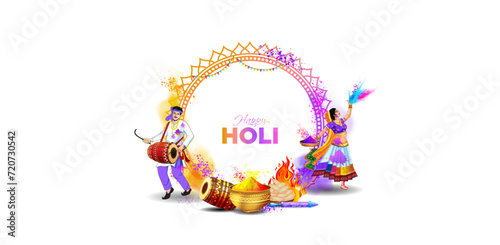 Happy Holi festival. Indian traditional abstract colorful color splash and holika dahan background. Holi fun, wishing party, dance celebration greetings card poster design.