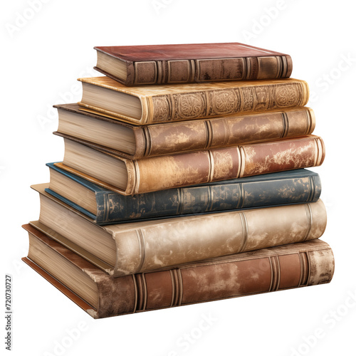Folded old books isolated on transparent background. Old paper  old stories. Side view. Folded closed old books as a design element for insertion into a design or project.