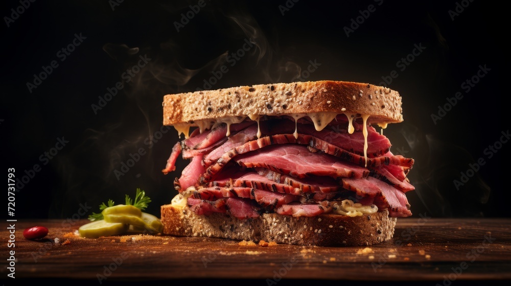 pastrami sandwich, background with space for text, food photography, cop< space, 16:9 - obrazy, fototapety, plakaty 